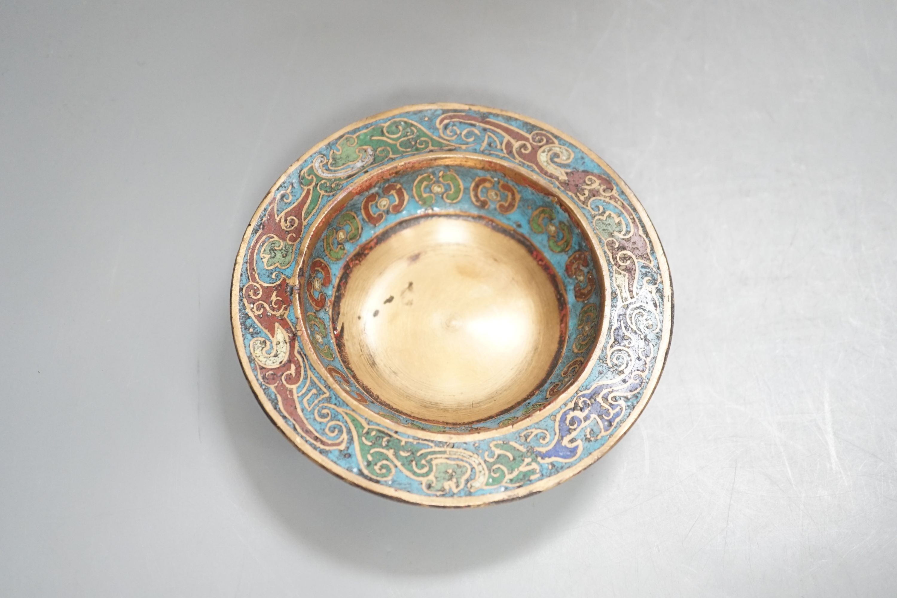 A Chinese champleve enamel bronze tripod censer, diameter 12cm